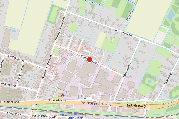 Brandweer-melding op Nijverheidsweg, Uithuizen op 14 juli, kaart-overzicht