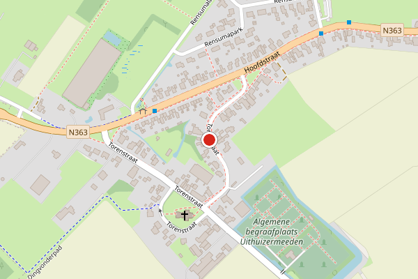 Brandweer-melding op Torenstraat, Uithuizermeeden op 14 juni, kaart-overzicht
